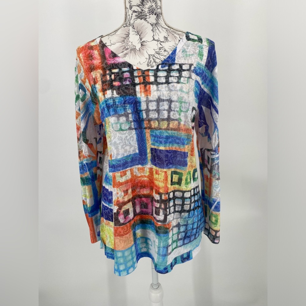 Katharina Marie multicolor multiprint long‎ sleeve V-neck tunic, size Large